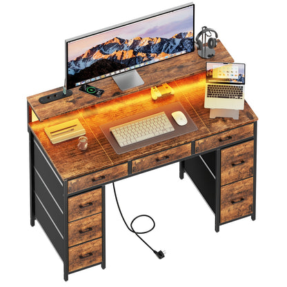 Bureau d'ordinateur avec 8 tiroirs de rangement en tissu, bureau d'étude/chambre à coucher, bureau de jeu de 119,38 cm avec éclairage LED et prises USB, bureau de bureau à domicile avec support d'ordinateur, 4 couleurs