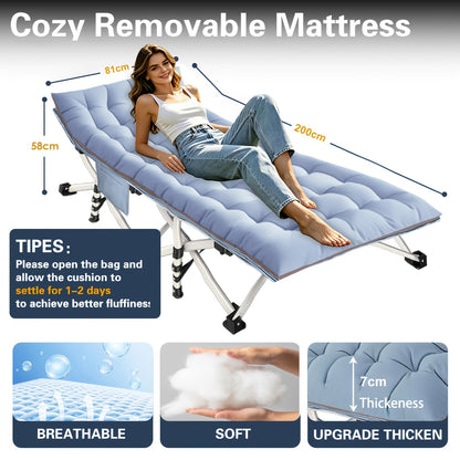 Lit de camping pliable portable XXL mesurant 200 cm par 190 cm, avec un matelas amovible et capable de supporter des poids de 300 kg à 400 kg. Il n'a pas besoin d'installation et est idéal pour une utilisation en extérieur, le camping, les tentes, les bur