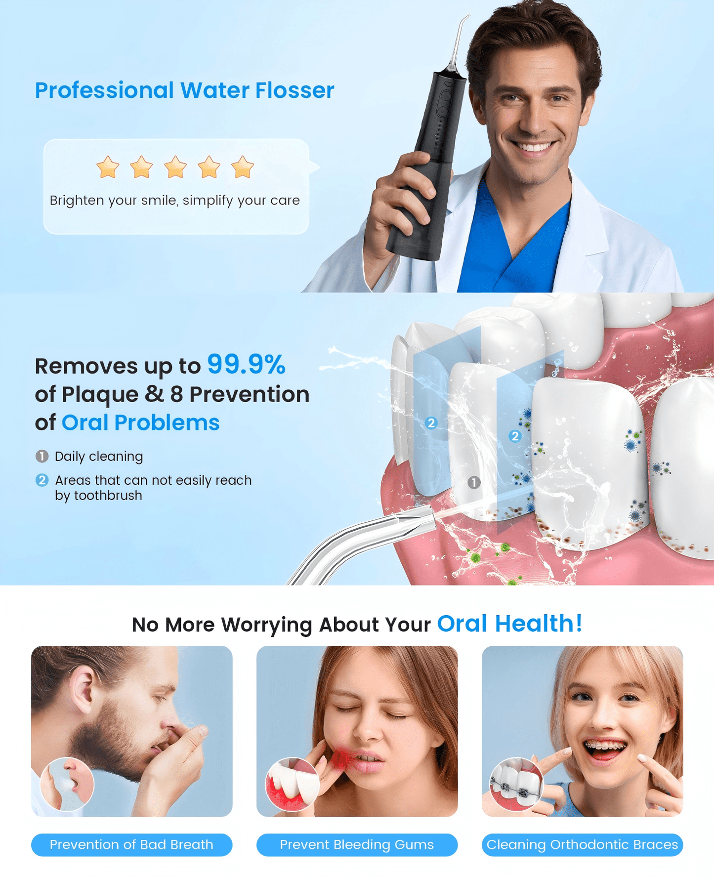 Irrigateur Buccal Portable Rechargeable, Hydropulseur Dentaire, Irrigateur Dentaire Professionnel sans Fil 8 Buses 5 Modes, IPX7 Étanche 300ML pour le Nettoyage des Dents, Maison & Voyage