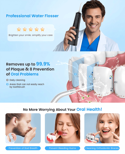 Irrigateur Buccal Portable Rechargeable, Hydropulseur Dentaire, Irrigateur Dentaire Professionnel sans Fil 8 Buses 5 Modes, IPX7 Étanche 300ML pour le Nettoyage des Dents, Maison & Voyage