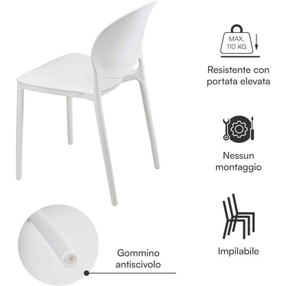 Baroni Home Lot de 4 chaises en plastique blanc – Empilables, prêtes à l'emploi sans assemblage requis, faciles à nettoyer, avec pieds antidérapants pour une stabilité accrue – Idéales pour cuisine, salon, salle à manger, jardin, terrasse ou balcon – Assi