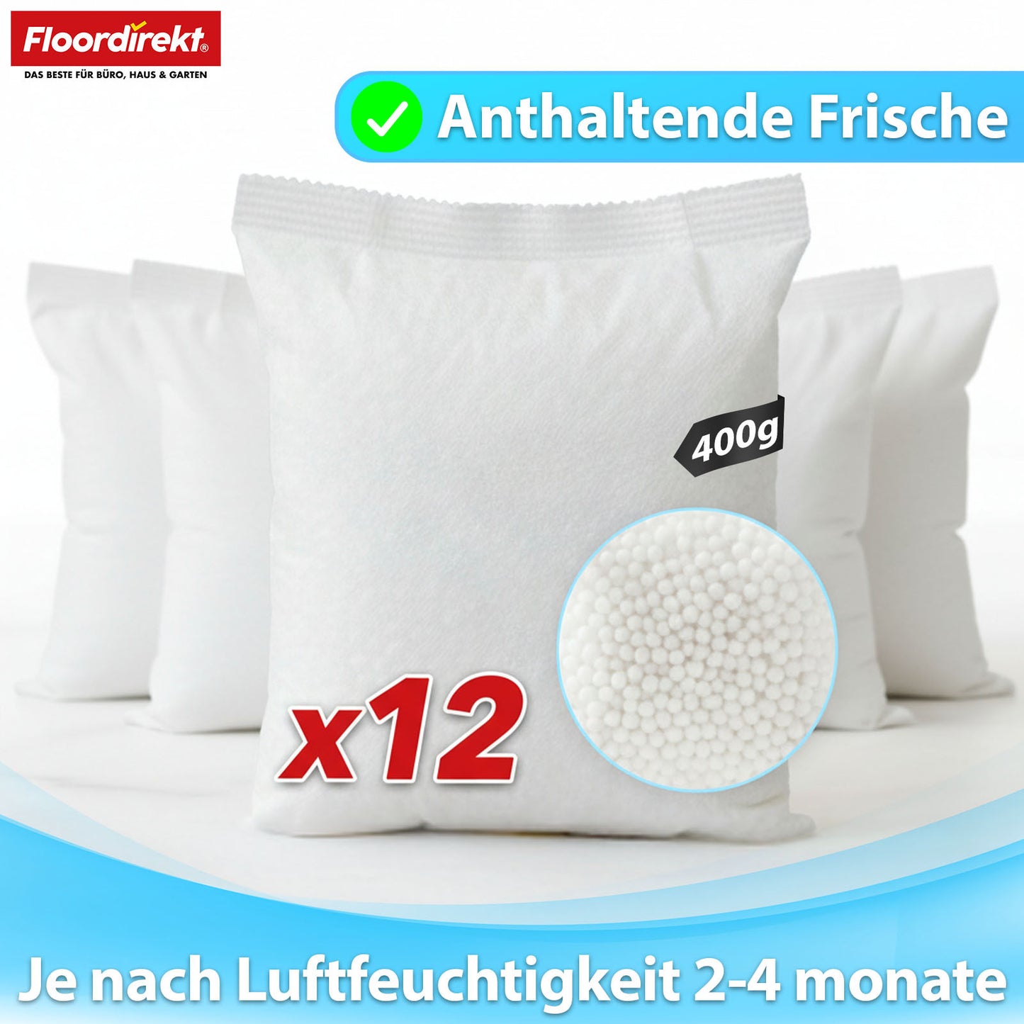 FLOORDIREKT Pack de Recharge d'Air Déshumidificateur Habo en Lot de 12 - Sacs de Recharge de 400g pour Déshumidificateurs de Pièce - Pour Sous-sol, Salle de Bain & Espaces de Vie - Pack de Remplacement Généreux - Contrôle Efficace de l'Humidité - Utilisat