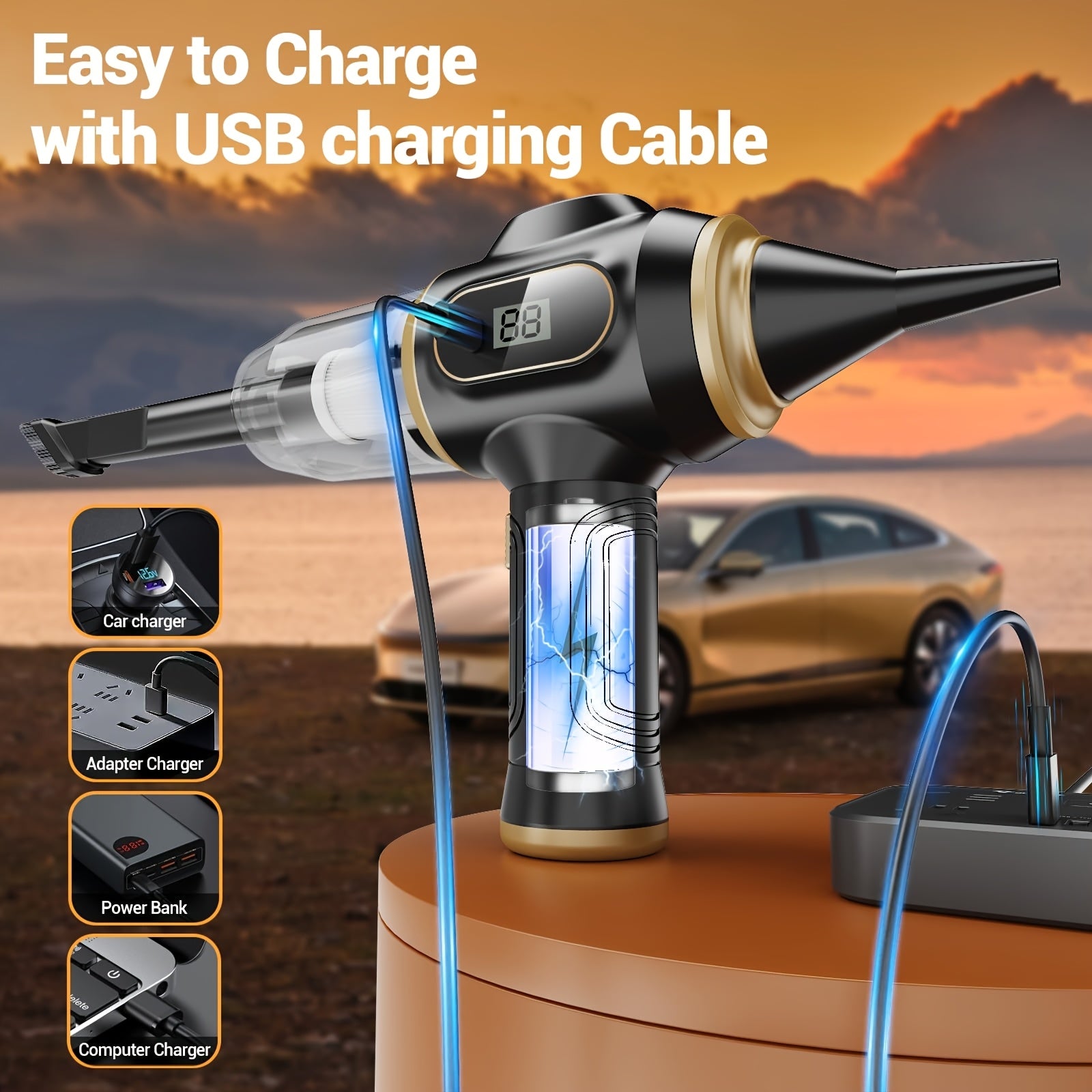 BELIBUY Aspirateur à main multifonction USB rechargeable, affichage de la puissance, lames de ventilateur, faible bruit de 70 Db, double usage soufflerie et aspiration, nettoyage bidirectionnel double mode, utilisation à la maison et en voiture, cartouche