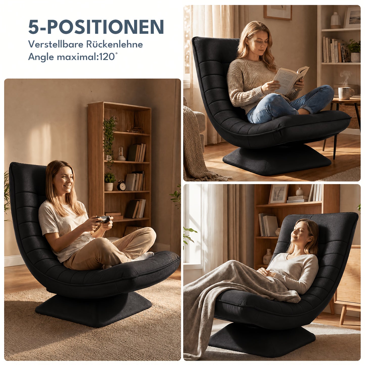 Fauteuil Canapé, Chaise de Sol, Dossier Réglable Rotation 360° Pliable Capacité de Charge 150Kg Design Élégant et Confort Abordable, L'Idéal pour la Décoration Intérieure, Offrant Un Endroit Confortable pour Se Détendre. Noir, Gris