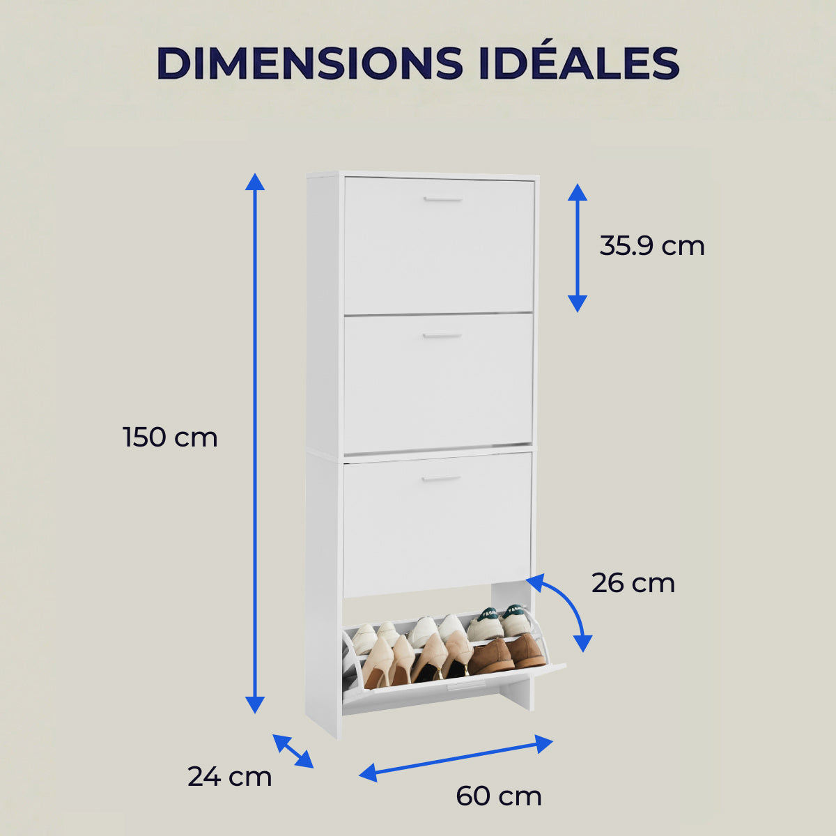 Meuble à chaussures avec 4 compartiments à rabat, armoire à chaussures en bois pour jusqu'à 24 paires, organisateur d'entrée peu encombrant
