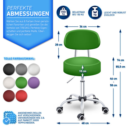 Tabouret Escalier TRESKO® avec Dossier 150 Kg | Tabouret de Travail Réglable en Hauteur 47-60 Cm | Tabouret Pivotant avec Roulettes | Tabouret Chaise de Bureau Chaise Pivotante