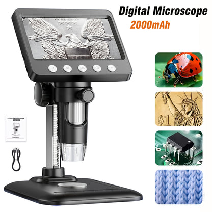 Microscope numérique 4,3 pouces avec grossissement 1600X, microscope à souder électronique, enregistrement vidéo 2MP, USB rechargeable 2000Mah, grossissement réglable, adapté aux pièces de monnaie, PCB, adultes, visualisation PC, utilisation en laboratoir