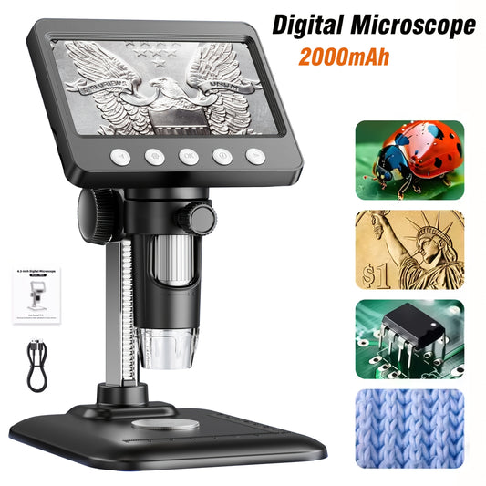 Microscope numérique 4,3 pouces avec grossissement 1600X, microscope à souder électronique, enregistrement vidéo 2MP, USB rechargeable 2000Mah, grossissement réglable, adapté aux pièces de monnaie, PCB, adultes, visualisation PC, utilisation en laboratoir