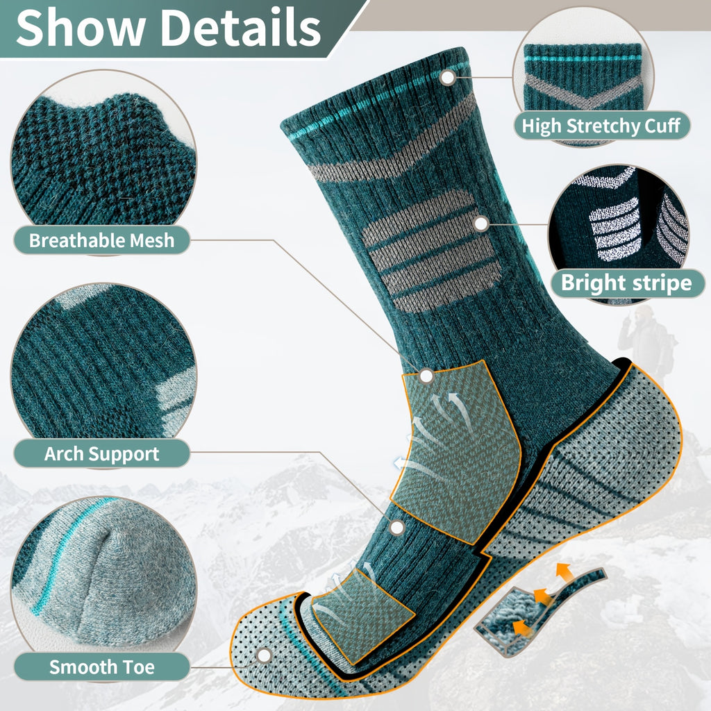 [Chaussettes techniques outdoor] 5 Paires de Chaussettes Randonnée en Laine Mérinos Rayées Lumineuses pour Hommes et Femmes - Course Sentier, Cyclisme, Trekking - Évacuation de l'Humidité - Semelle Cushion - Taille Haute