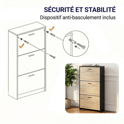 Meuble à chaussures avec 3 compartiments à abattant, armoire de rangement en bois pour jusqu'à 18 paires, organisateur d'entrée peu encombrant