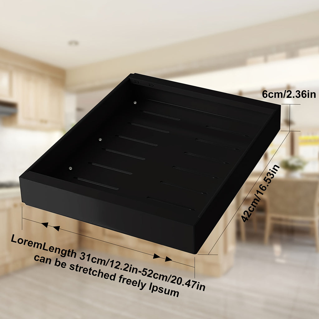 Un lot de 2 organisateurs d'armoire coulissants - étagère extensible à tiroirs adhésifs robuste, adaptée aux armoires de cuisine et étagères escamotables, idéale pour organiser le garde-manger, 31 cm-52 cm réglable (noir, blanc)