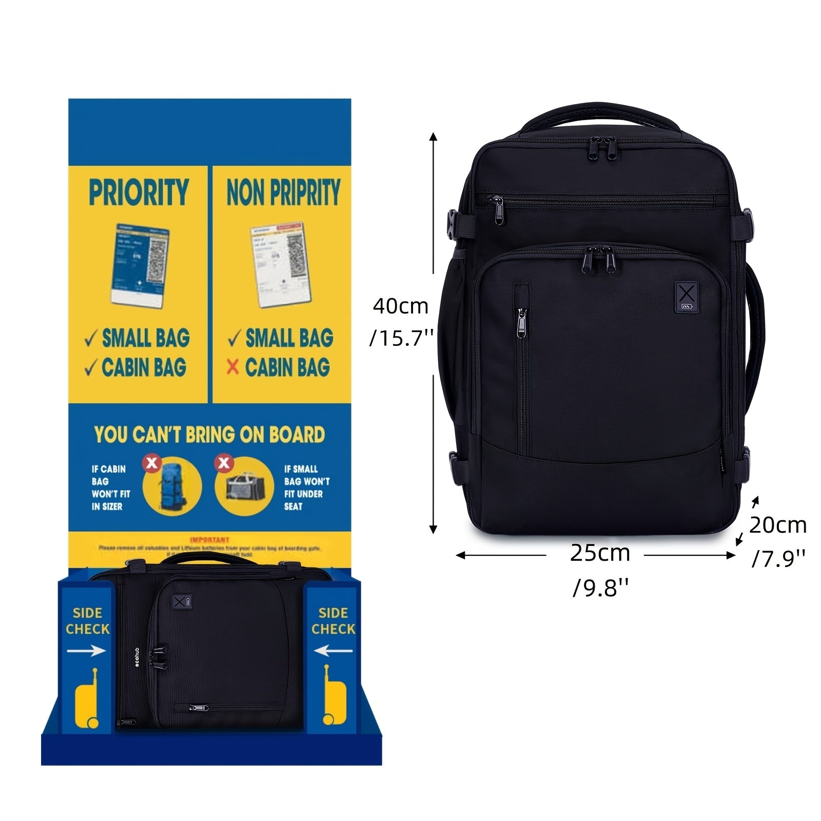 Sac Cabine Approuvé pour Avion 20L Capacité 40X20X25Cm Sac à Dos | Ordinateur Portable Sous Siège Bagage Cabine avec Poche Antivol | Sac de Vol Patenté pour Unisexe