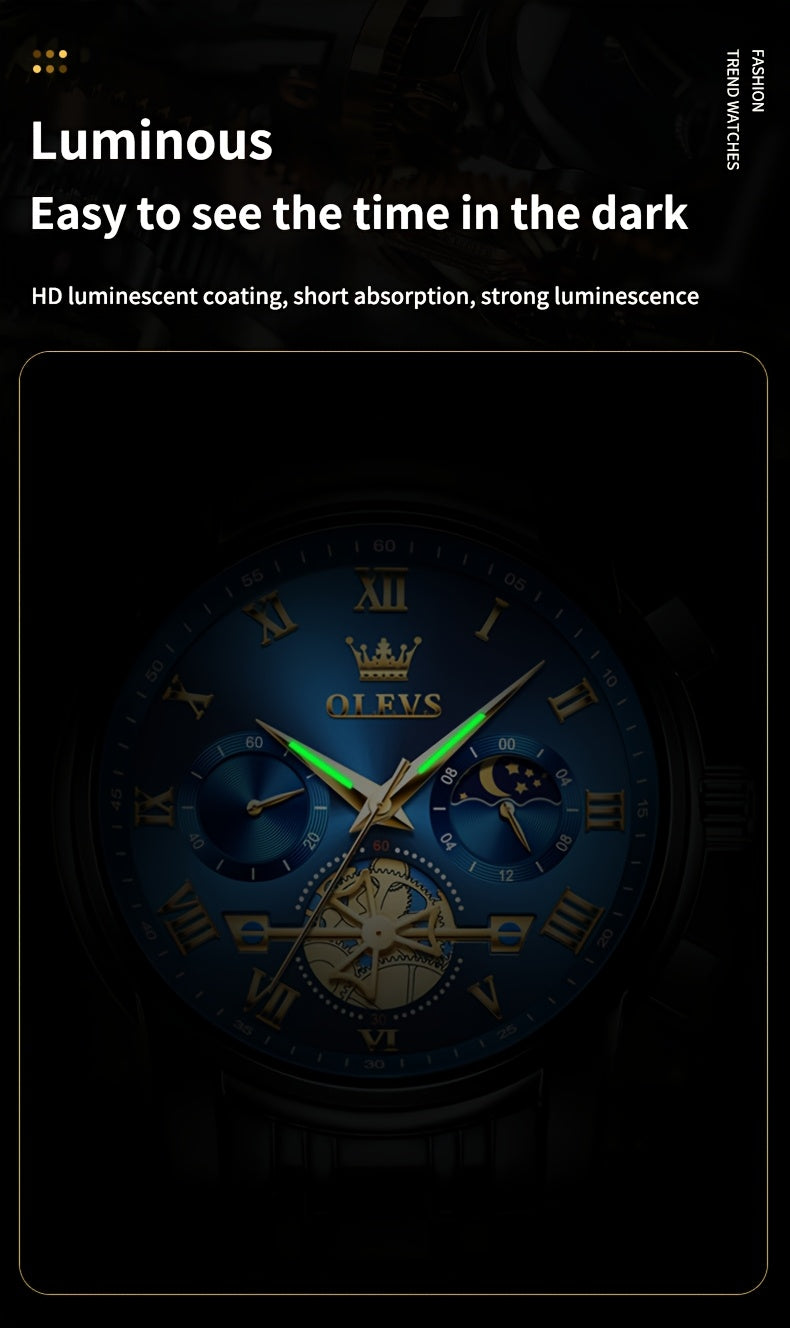 Montres pour Hommes OLEVS Montre à Quartz de Luxe avec Bracelet en Acier Inoxydable, Numéros Romains et Phases Lunaires Lumineuses, Classique Élégante, Cadeaux Romantiques de Noël, Relojes de Hombre Bleu/Noir/Blanche/Cadran Doré