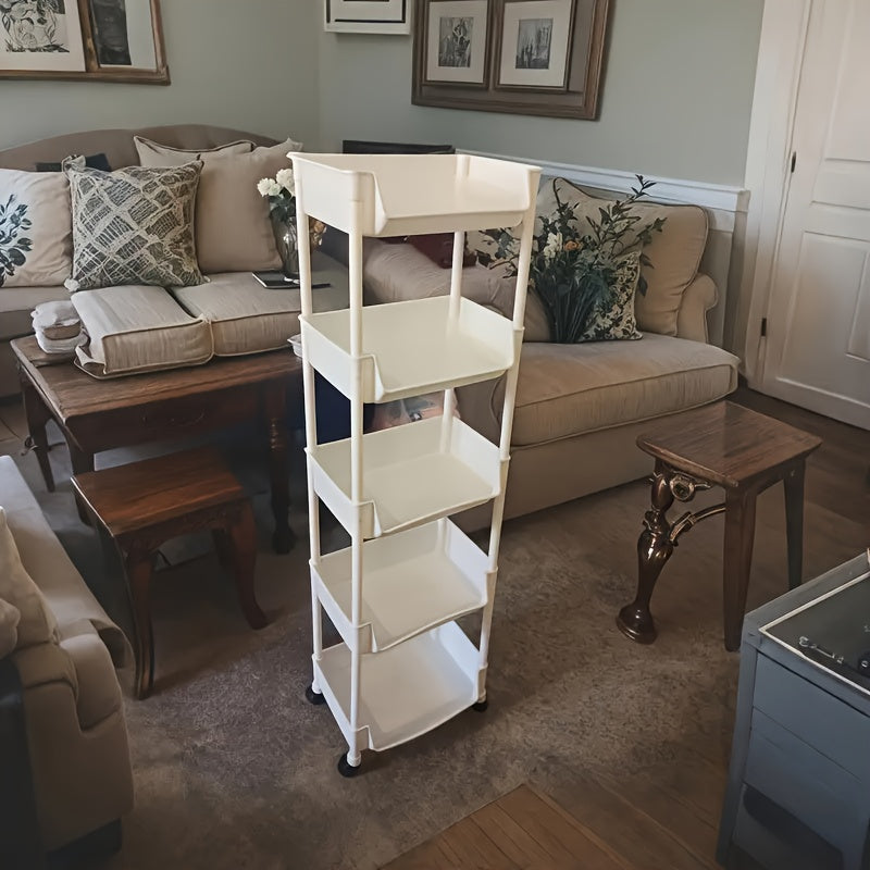 Étagères à roulettes à 5 niveaux, étagère sur pied, assemblage sans outil et étagères en plastique léger pour salon, organisateur de pièce polyvalent, design ludique, roulettes coulissantes fluides, étagères d'angle