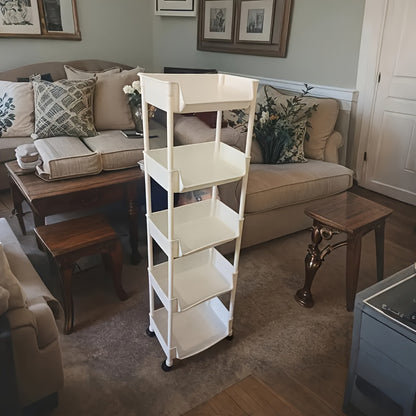Étagères à roulettes à 5 niveaux, étagère sur pied, assemblage sans outil et étagères en plastique léger pour salon, organisateur de pièce polyvalent, design ludique, roulettes coulissantes fluides, étagères d'angle
