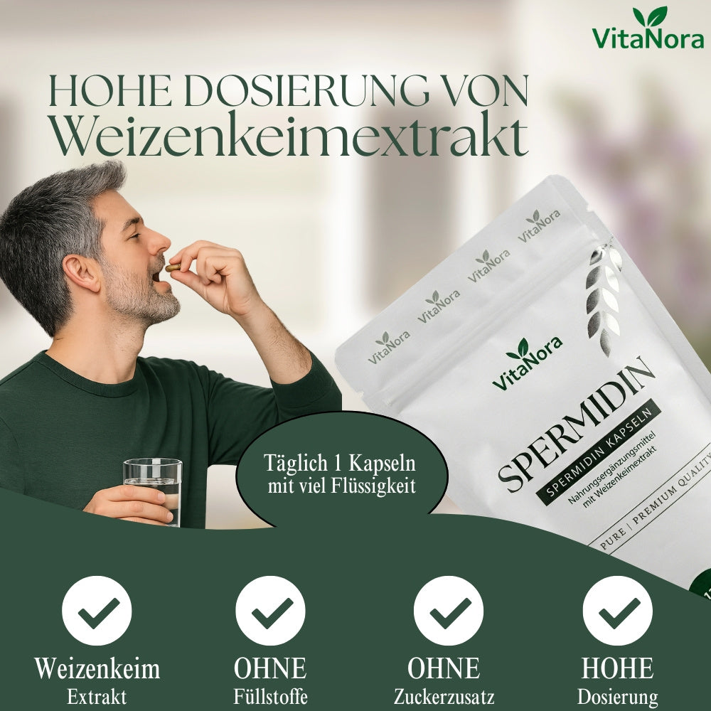 Gélules de Spermidine à Dose Élevée – 120 Gélules Véganes avec 6 mg de Spermidine par Gélule à partir de Germe de Blé – Extrait de Germe de Blé sans Additifs