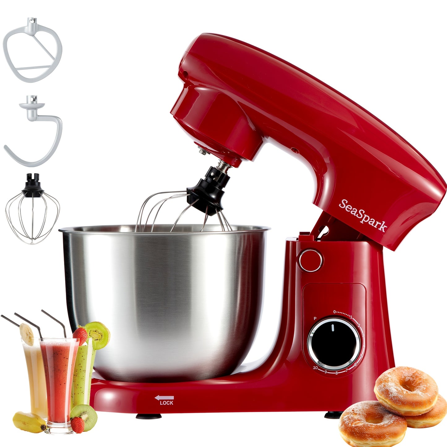 Robot Culinaire 3-en-1, Mélangeur Inclinable 10 Vitesses avec Bouton Pulse, Incluant Bol en Acier Inoxydable de 5,5 L, Crochet à Pâte, Mélangeur, Batteur à Œufs, Spatule