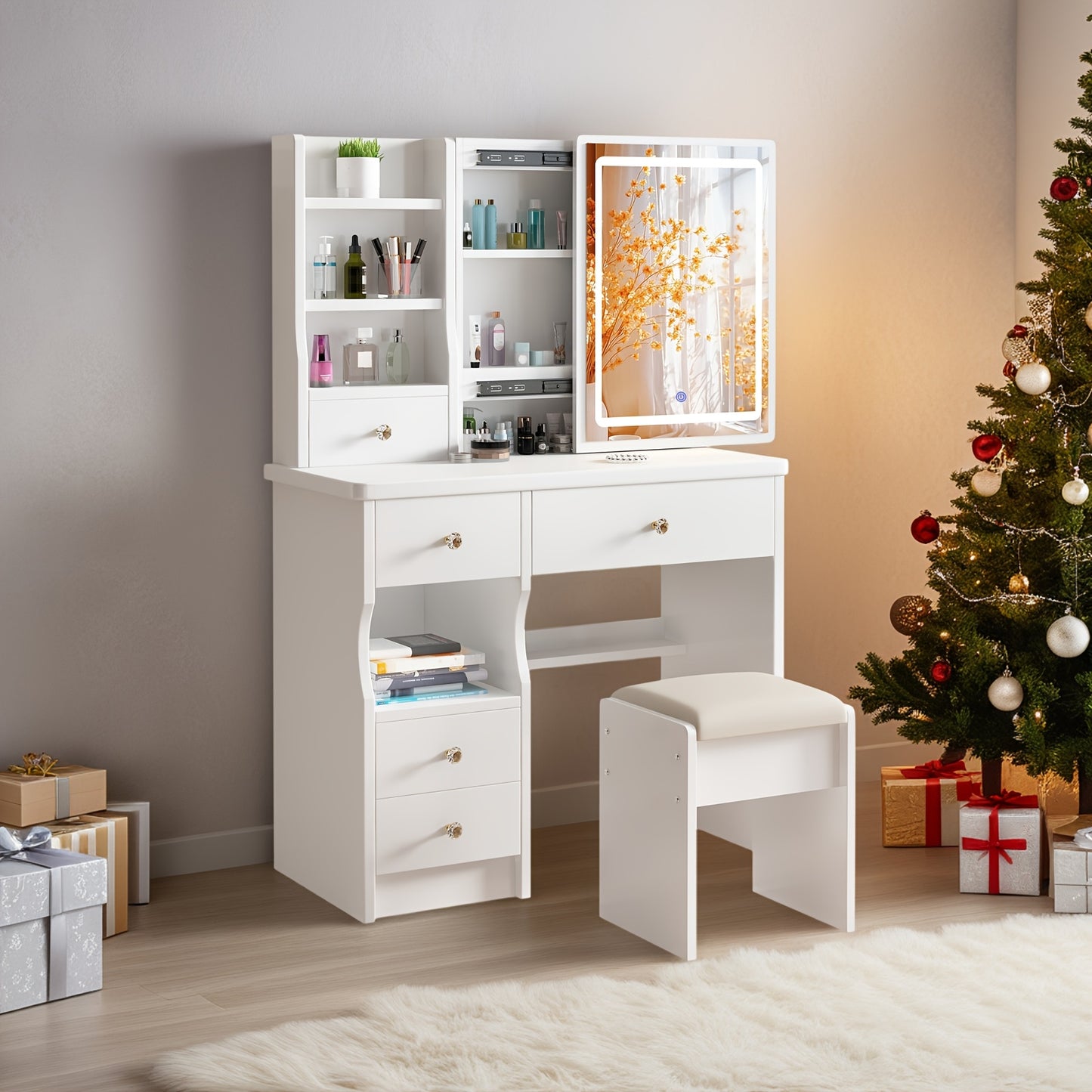 Bureau de Toilette, Bureau de Cosmétique avec Miroir et Lumières, Ensemble de Table de Cosmétique avec 5 Tiroirs, Tabouret et Étagères Ouvertes, 3 Réglages de Lumière à Luminosité Réglable, Blanc