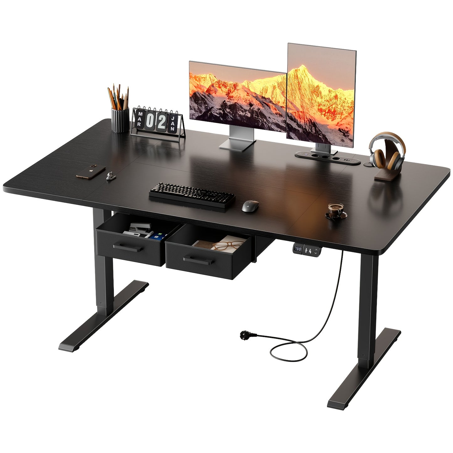 Furnishia Bureau Vertical Électrique avec Panneau Intelligent à Mémoire et 2 Tiroirs, Bureau à Hauteur Réglable avec Prises de Courant, pour Bureau d'Ordinateur à Domicile, Poste de Travail d'Écriture et Chambre à Coucher
