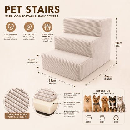 Escalier pour chiens et chats – 3 marches, velours côtelé doux, dessous antidérapant, housse amovible, rampe, plateforme