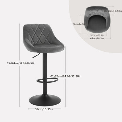 Lot de 2 tabourets de bar, tabourets de comptoir - Pivotants à 360°, hauteur réglable, capacité de poids 150 kg, velours confortable, convient pour chaises de bar de restaurant, chaises de comptoir de cuisine, chaises de bureau à domicile