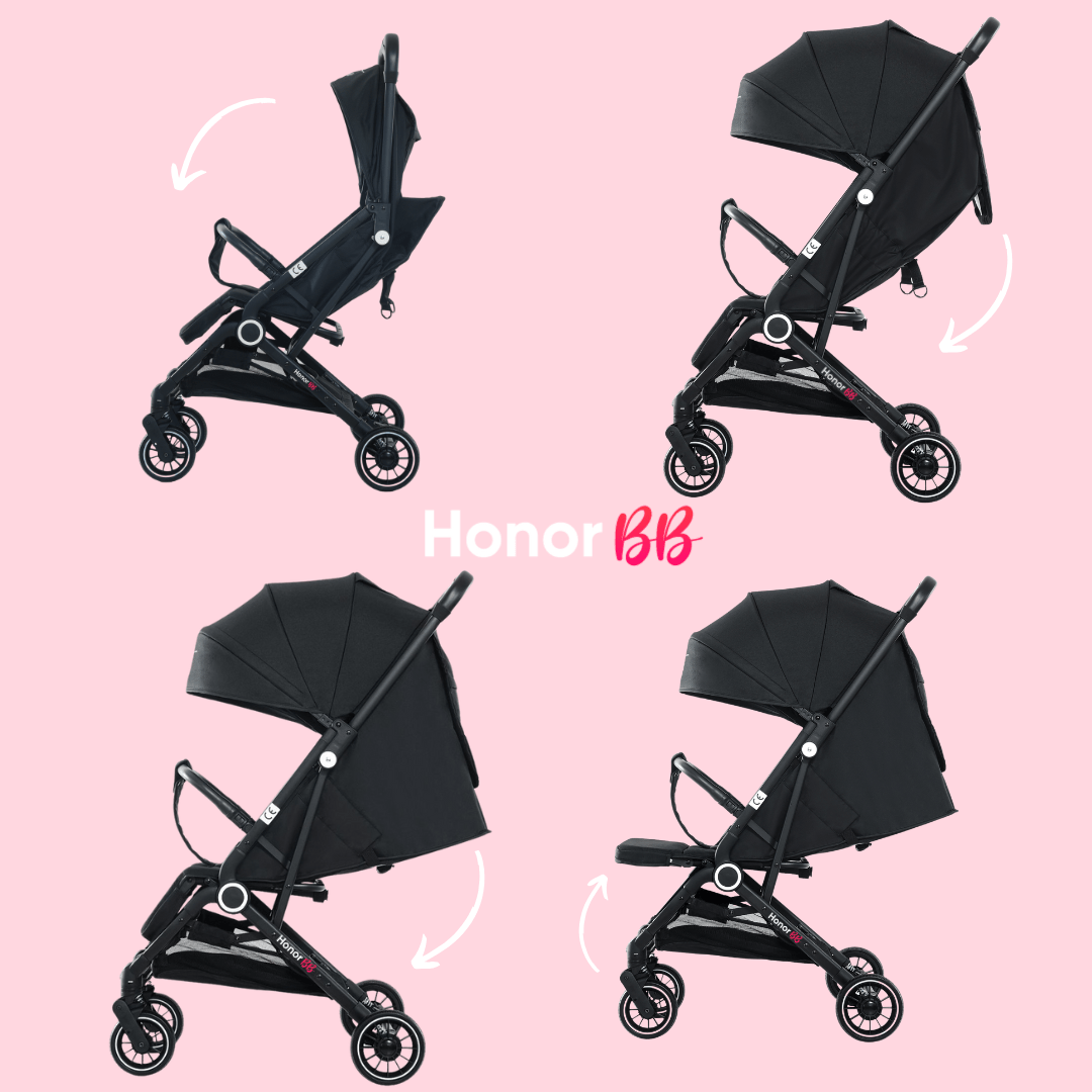 HonorBB ZOA Poussette Canne Bébé Légère et Compacte, 0-3 Ans, 0-15 kg, 3 Positions Inclinables, Pliage Automatique, Bandoulière, Moustiquaire et Protection Pluie Offerts – Essential Black