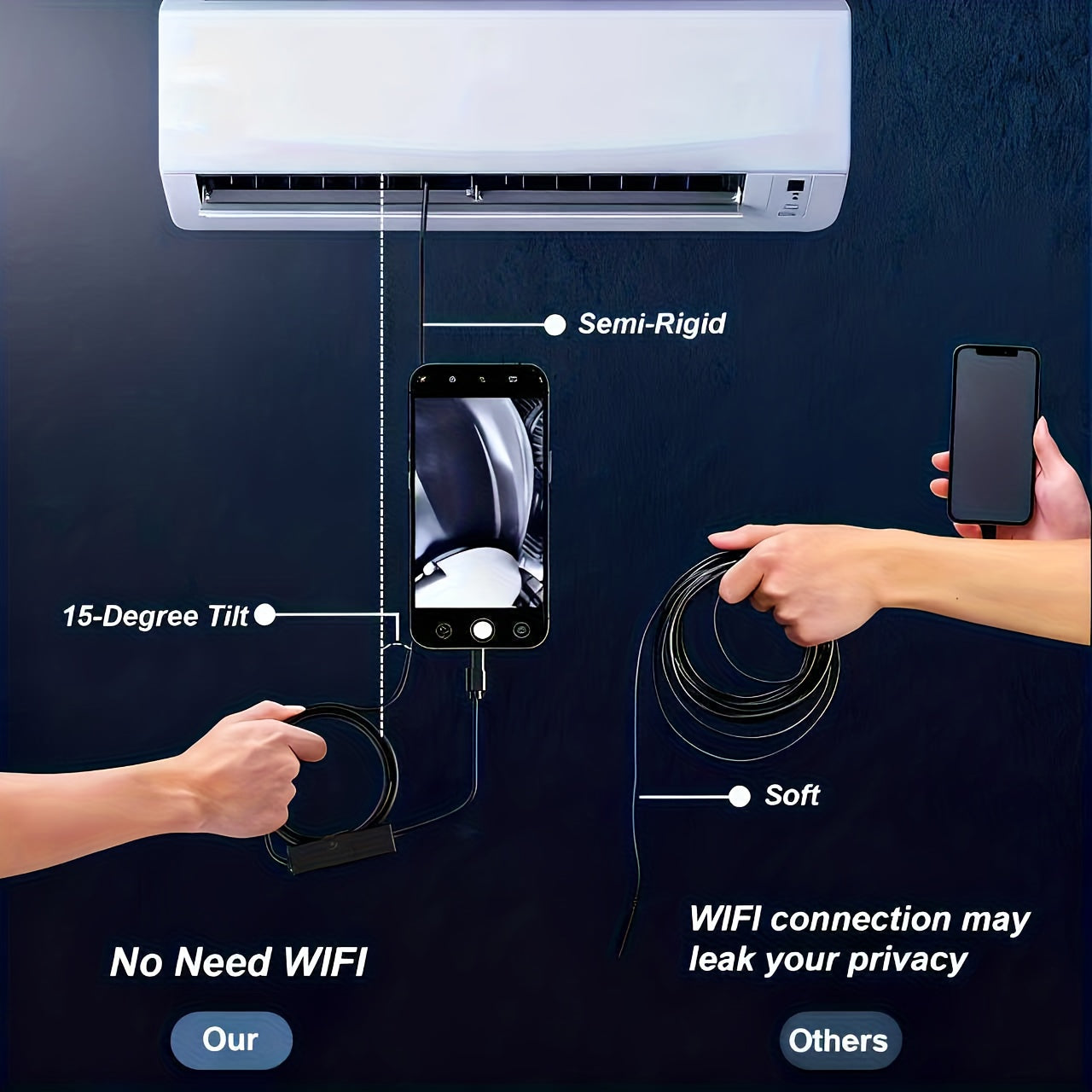 L'endoscope industriel est doté de 8 lumières LED, un outil haute définition pour l'inspection des tuyaux, une classification IP67, et est livré avec des câbles fixes disponibles en longueurs de 1M, 5M ou 10M. Il est compatible avec les smartphones iOS et