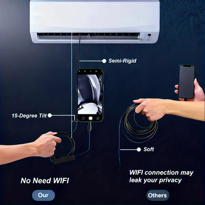 L'endoscope industriel est doté de 8 lumières LED, un outil haute définition pour l'inspection des tuyaux, une classification IP67, et est livré avec des câbles fixes disponibles en longueurs de 1M, 5M ou 10M. Il est compatible avec les smartphones iOS et