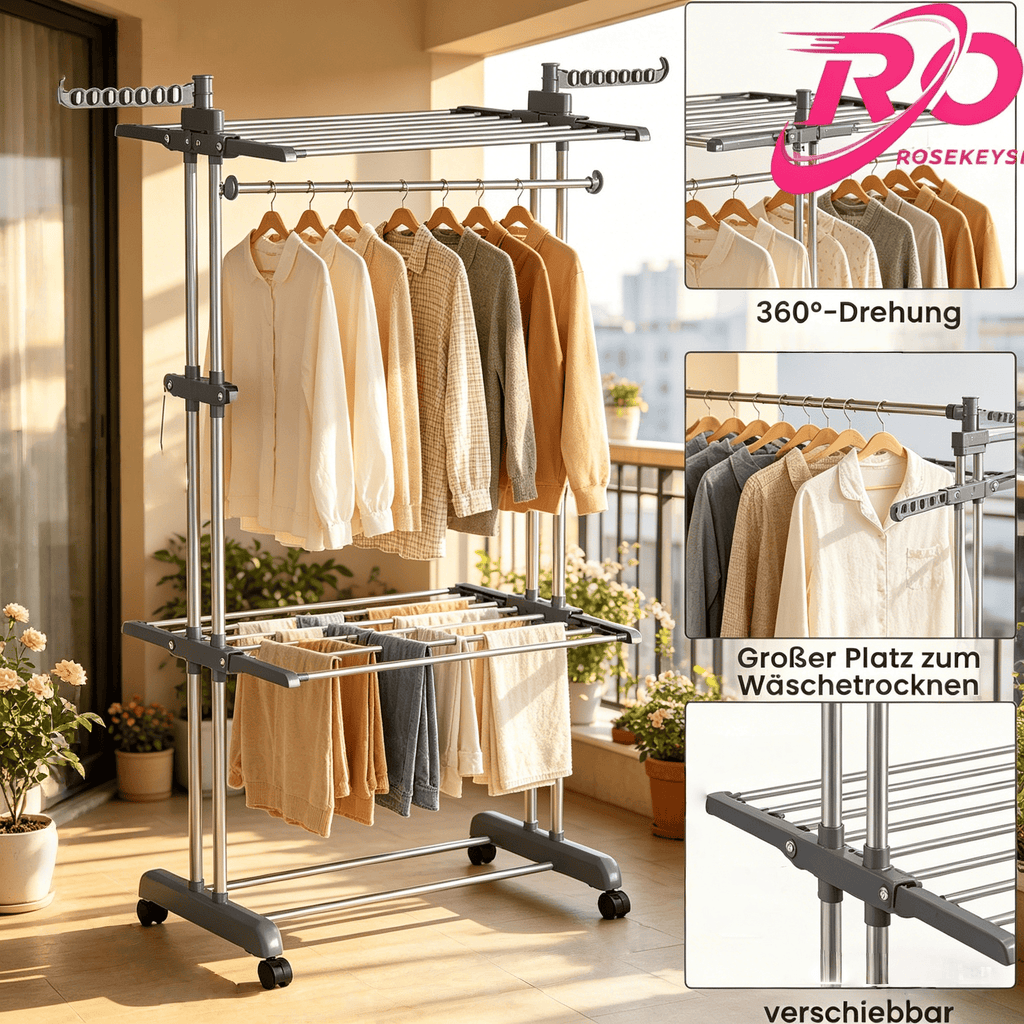 Étagère à vêtements à plusieurs niveaux avec éléments amovibles pour un rangement peu encombrant. Fabriquée en acier inoxydable pour une capacité de charge élevée. Avec étagère plate et roues rotatives à 360° - Rotation à 360° - Protection contre le bascu