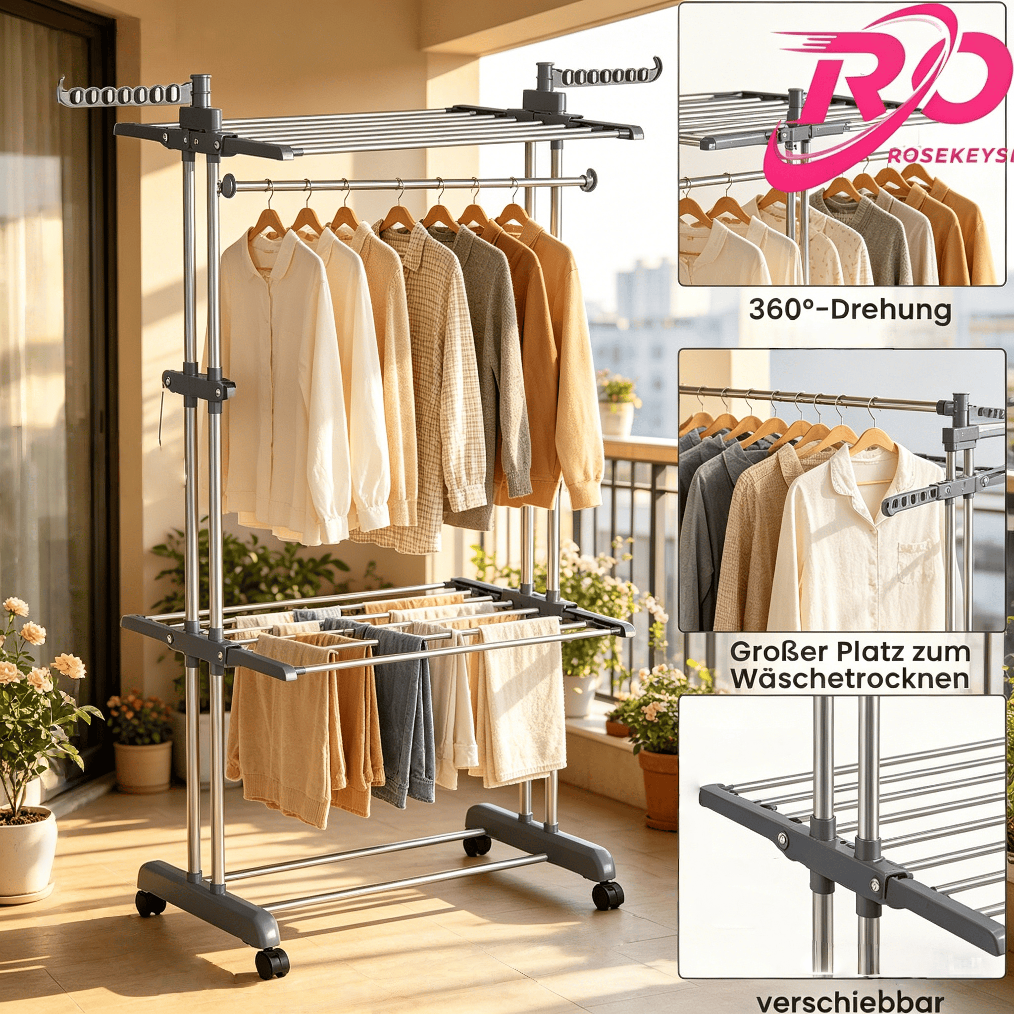 Étagère à vêtements à plusieurs niveaux avec éléments amovibles pour un rangement peu encombrant. Fabriquée en acier inoxydable pour une capacité de charge élevée. Avec étagère plate et roues rotatives à 360° - Rotation à 360° - Protection contre le bascu