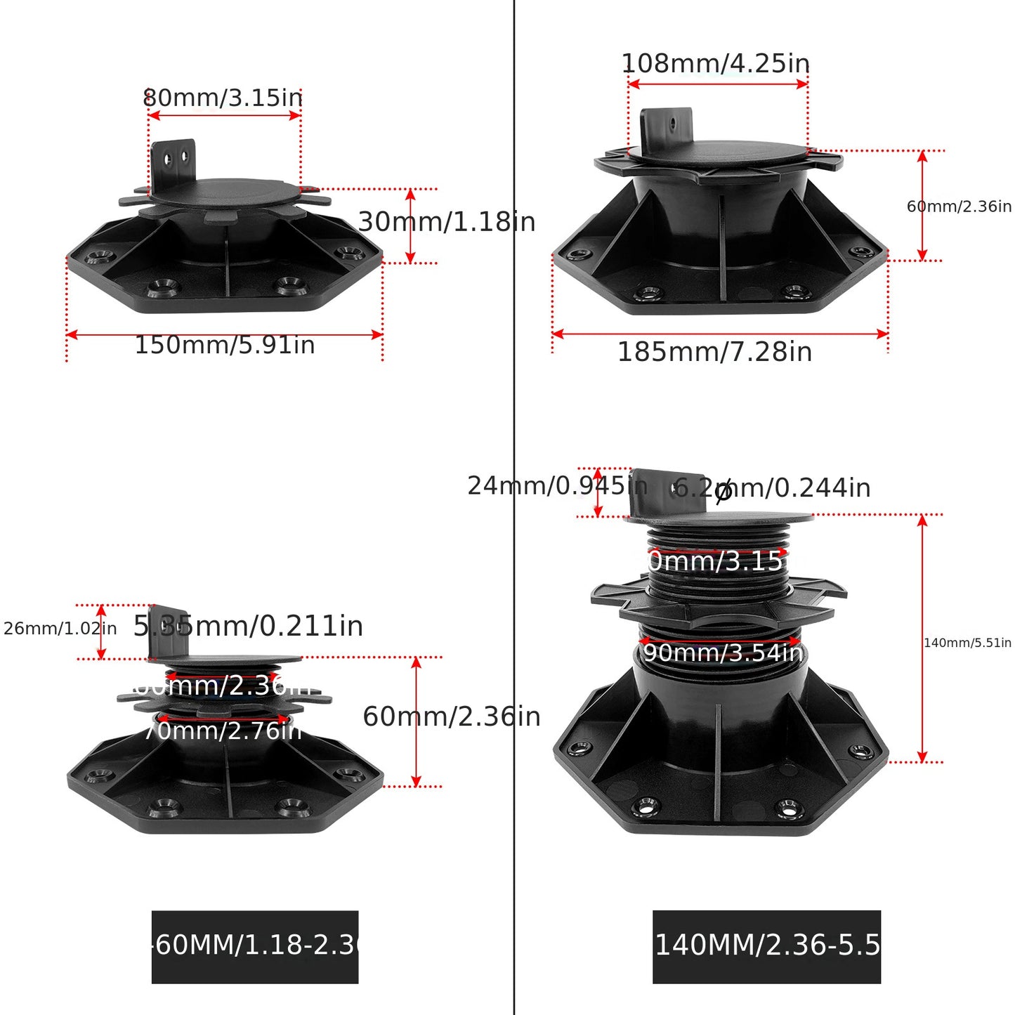 Paliers de terrasse en plastique, réglables en hauteur 30-60 mm/90-140 mm, paliers à plaque, pieds de terrasse, pieds réglables pour dalles de terrasse 10 pcs/20 pcs