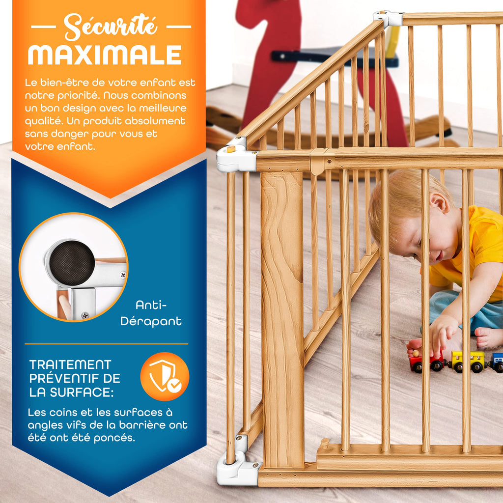 KIDUKU® Parc bébé pliable XXL de 7,2 mètres avec porte | Parc en bois avec double sécurité | Parc pliable pour enfants avec 8 éléments
