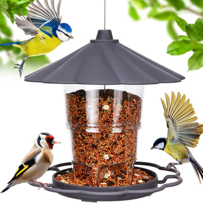Mangeoire à oiseaux d'extérieur suspendue avec fil métallique robuste et auvent, mangeoire à oiseaux réglable en plastique, capacité de 820 ml, avec trous de drainage intégrés, conception coupe-vent, hauteur réglable, avec fil métallique robuste et auvent