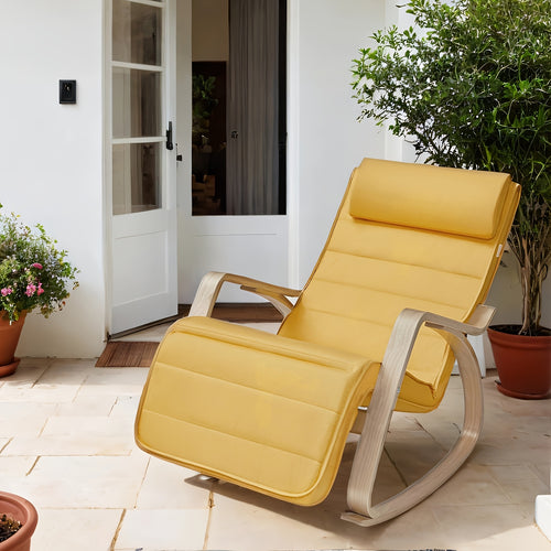 Fauteuil à bascule en bois de bouleau avec accoudoirs, un design lounge et un repose-pieds réglable en cinq positions différentes