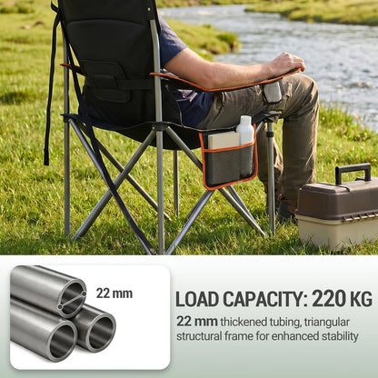 Chaise de camping, capacité 220 kg, chaise de camping pliante avec sac isotherme, porte-gobelet, sac de transport, dossier haut, confortablement rembourrée, chaise de pêche, chaise pliante pour jardin, balcon, plage, noir et vert/noir et gris/noir et oran