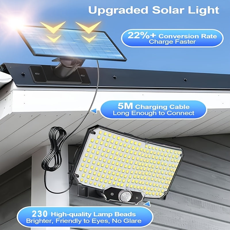 2/1pc Lampes Murales Solaires, avec Télécommande, Lampe Solaire d'Extérieur pour Jardin, Détecteur de Mouvement PIR, 3 Modes d'Éclairage, IP65, avec Câble de 5M, Lampe Solaire de Jardin 2En1 Intérieur & Extérieur, 230LED, Grand Angle, pour Cour, Rue, Cour