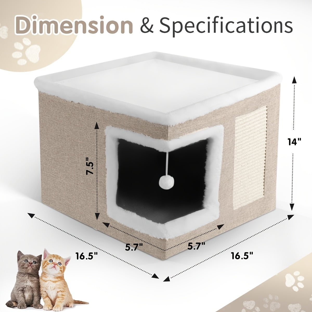 Maison pour chat avec lits à 2 niveaux, tunnel de jeu, canapé pliable, griffoir et balle suspendue en peluche - Cadre en nylon durable, toile douce, conception fermée toutes saisons, cube de lit pour chat d'intérieur facile à assembler, unité de divertiss