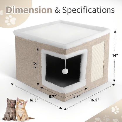 Maison pour chat avec lits à 2 niveaux, tunnel de jeu, canapé pliable, griffoir et balle suspendue en peluche - Cadre en nylon durable, toile douce, conception fermée toutes saisons, cube de lit pour chat d'intérieur facile à assembler, unité de divertiss