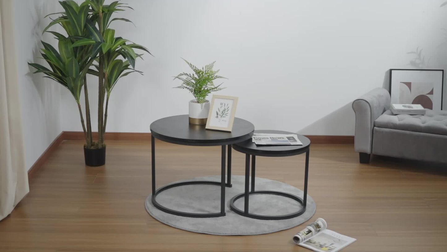 Ensemble de 2 tables gigognes rondes modernes avec cadre et plateau en placage stratifié - Gain de place, convient pour tables basses de salon, chambre, balcon, meubles rétro à assembler pour petits espaces (assemblage requis)