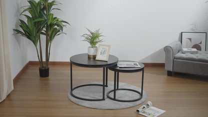 Ensemble de 2 tables gigognes rondes modernes avec cadre et plateau en placage stratifié - Gain de place, convient pour tables basses de salon, chambre, balcon, meubles rétro à assembler pour petits espaces (assemblage requis)