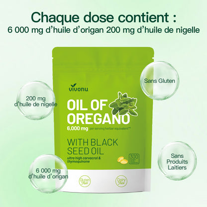 VIVONU Huile d'origan plus huile de graine noire, huile d'origan équilibrée en capsules, gélules d'huile d'origan, carbophénol, thyquinone