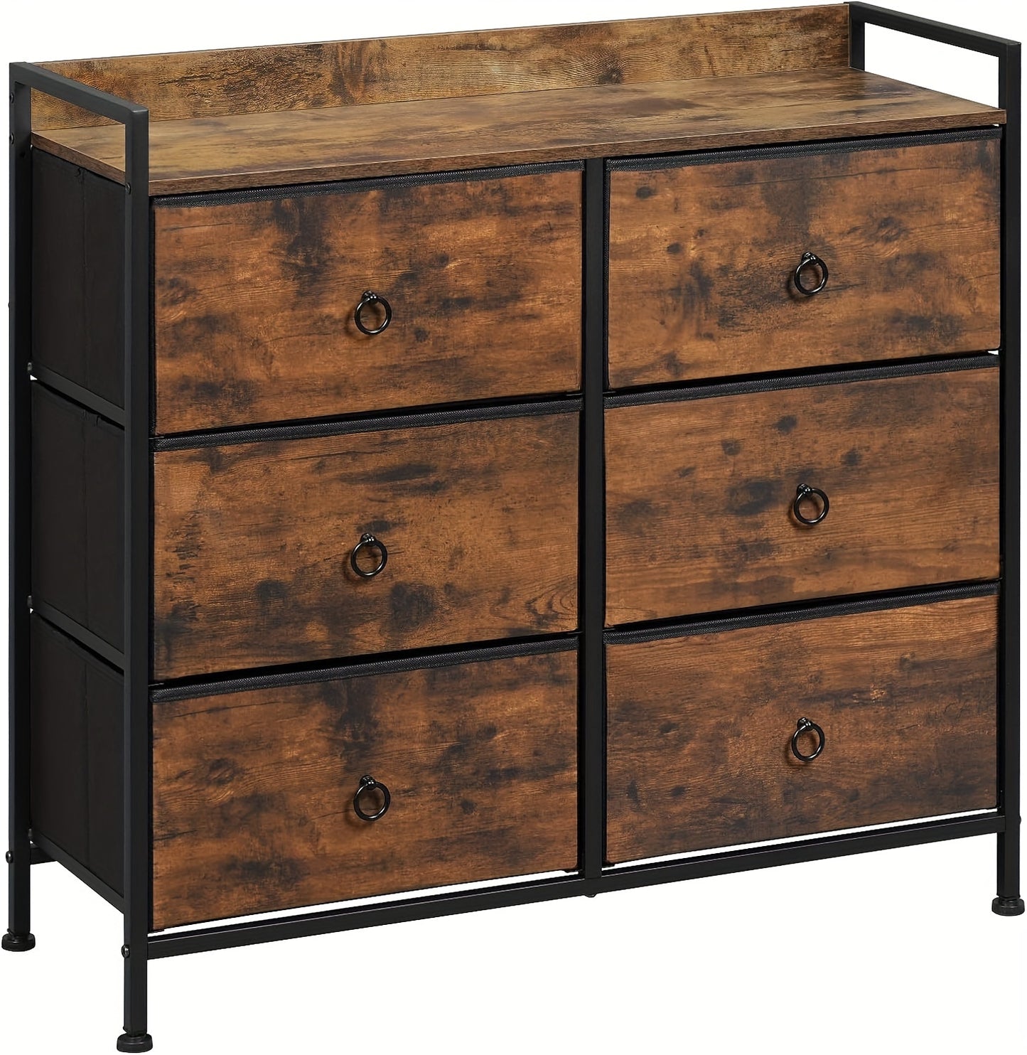 1 commode avec un meuble à tiroirs comprenant six tiroirs en tissu, conçue pour le rangement dans la chambre à coucher, le salon ou le couloir, avec une structure en métal dans un style industriel vintage, finie en marron et noir