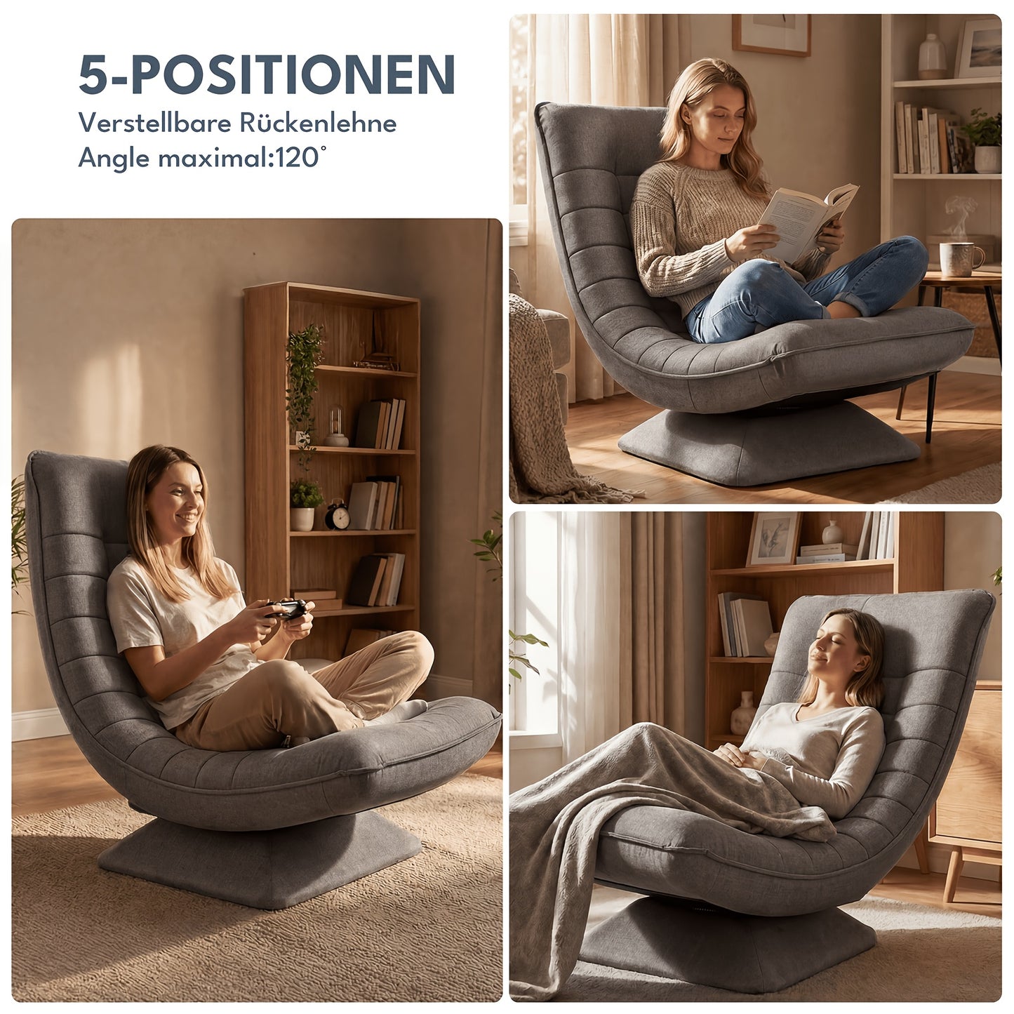Fauteuil Canapé, Chaise de Sol, Dossier Réglable Rotation 360° Pliable Capacité de Charge 150Kg Design Élégant et Confort Abordable, L'Idéal pour la Décoration Intérieure, Offrant Un Endroit Confortable pour Se Détendre. Noir, Gris