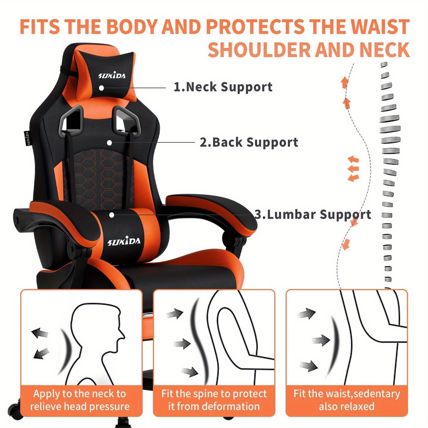 Chaise de Jeu SUKIDA, Chaise de Jeu Ergonomique avec Repose-Pieds, Chaise de Jeu de Course avec Appui-Tête Réglable et Soutien Lombaire Ajustable pour Bureau à Domicile et Jeux en Couleur Beige