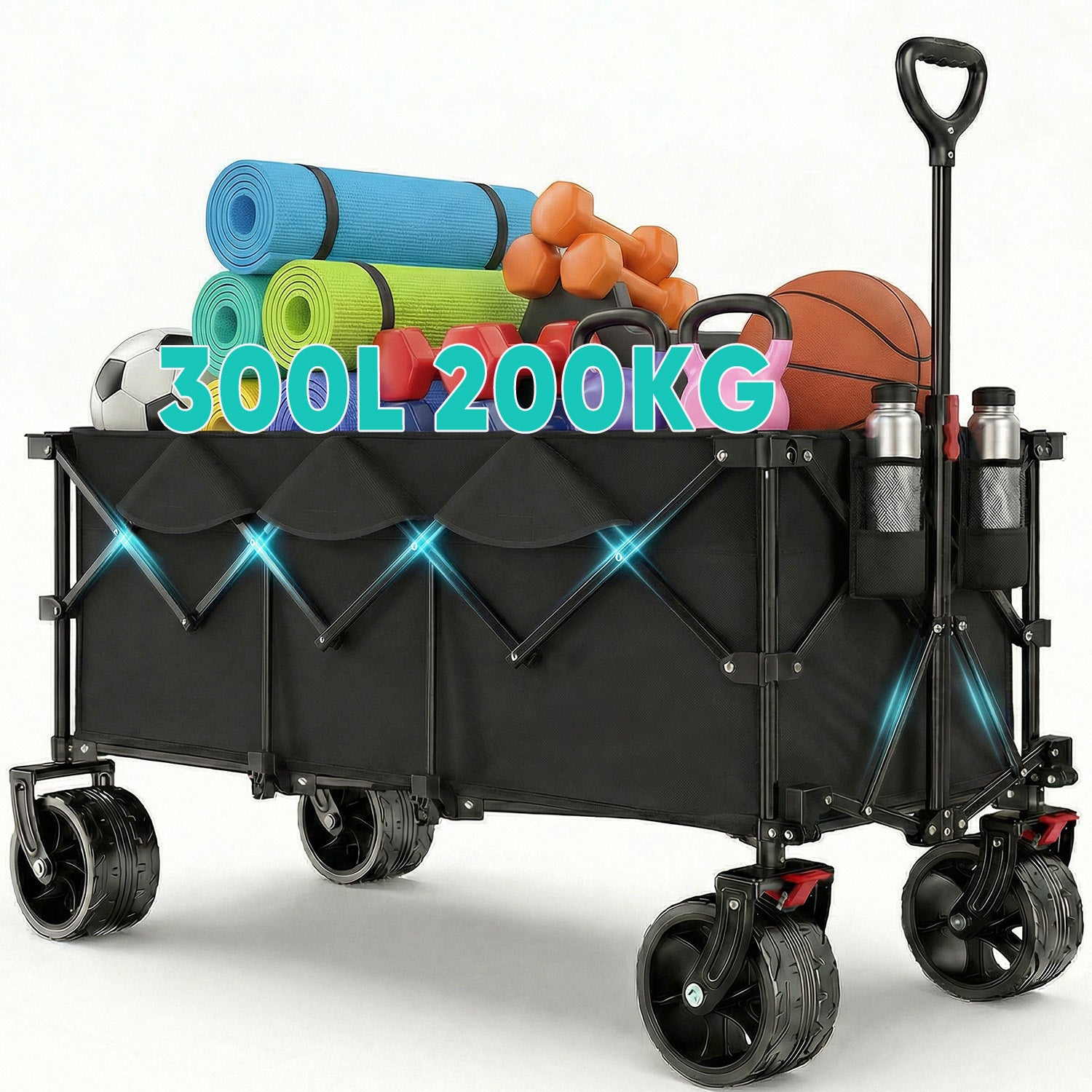 Chariot utilitaire pliant XXXL, capacité de 300L, capacité de charge de 200KG, chariot à main pliable étendu avec roues tout-terrain extra-large de 15X8 cm, chariot de transport à installation instantanée 4 voies breveté Ca15