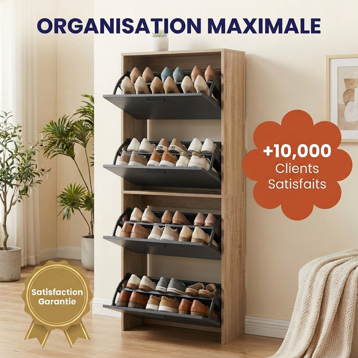Meuble à chaussures avec 4 compartiments à rabat, armoire à chaussures en bois pour jusqu'à 24 paires, organisateur d'entrée peu encombrant
