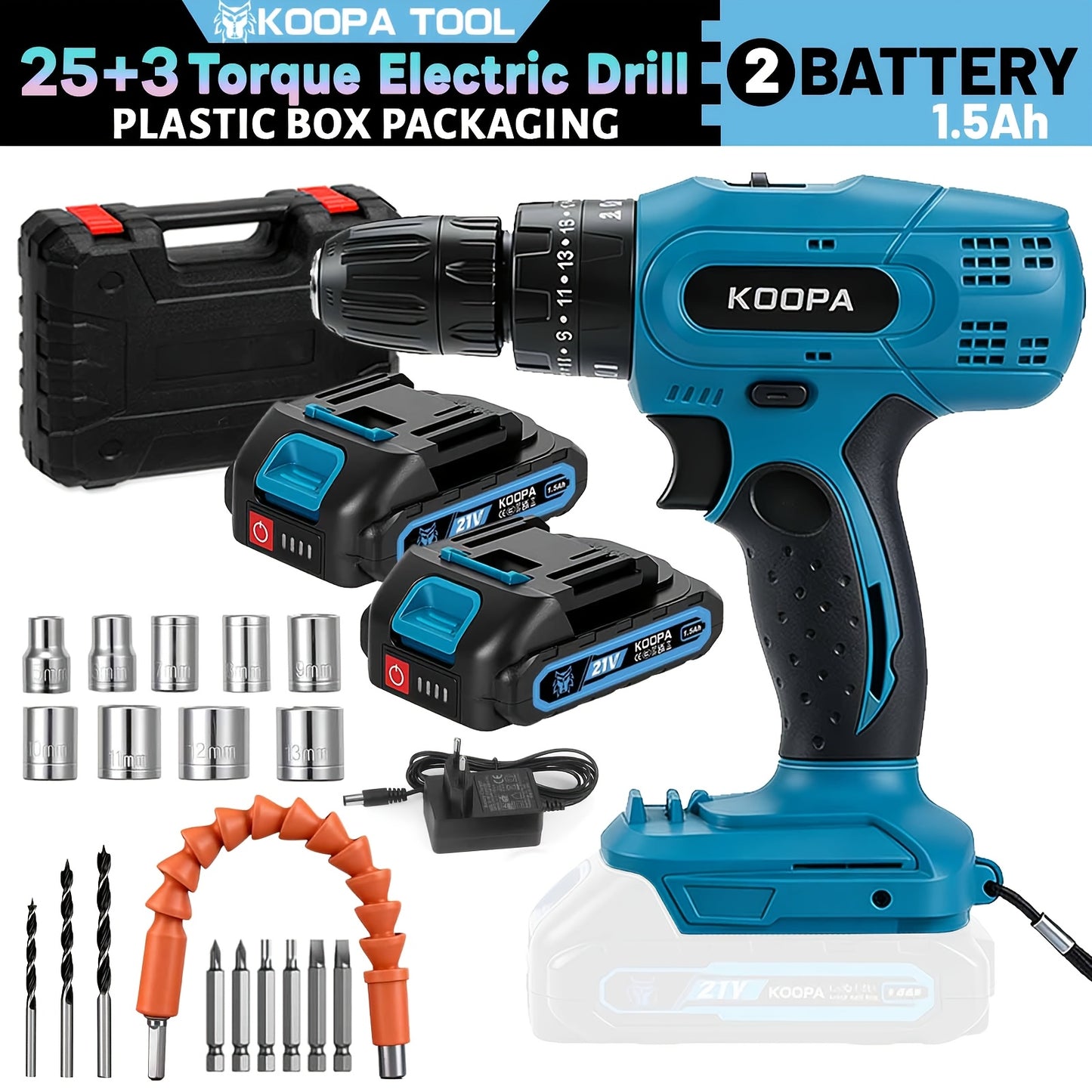 KOOPA TOOL Tournevis Électrique, Kit de Perceuse 21V, Tournevis de Perçage à 3 Niveaux de Couple 25, Équipé d'une Fonction de Perceuse à Impact et de Batterie Rechargeable, Adapté à une Boîte à Outils pour Toutes les Décorations Ménagères Quotidiennes