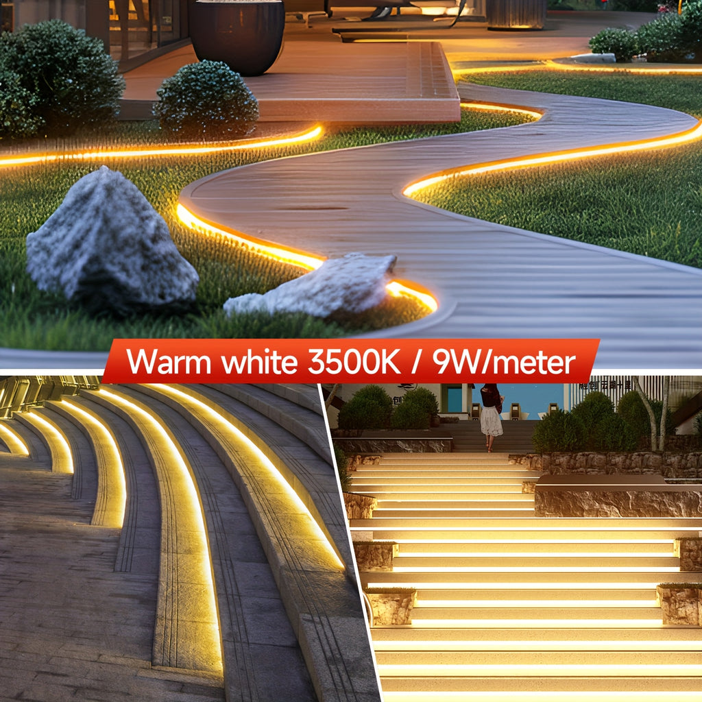 Ruban LED COB, adapté pour AC 220V-240V, éclairage extérieur flexible, avec 288 LED par mètre. Ce ruban LED adhésif offre une haute luminosité en blanc ou blanc chaud, idéal pour décorer les cuisines, les jardins et les intérieurs de maison.