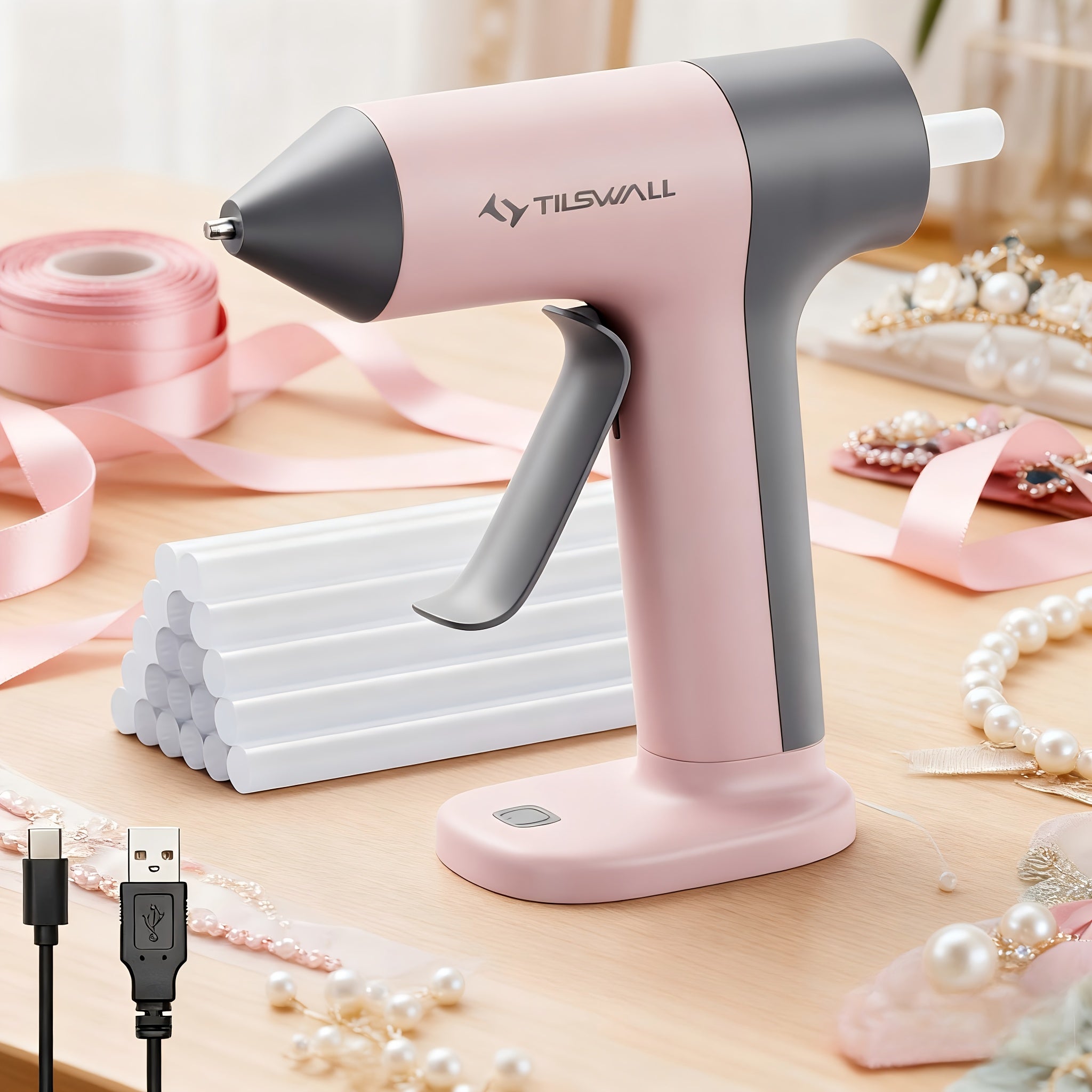 Pistolet à colle sans fil avec batterie 2000mAh, charge USB Type-C, 20 bâtons de colle haute résistance, arrêt automatique en 300s - Idéal pour bricolage et réparations rapides - Rose. Cadeaux d'Halloween