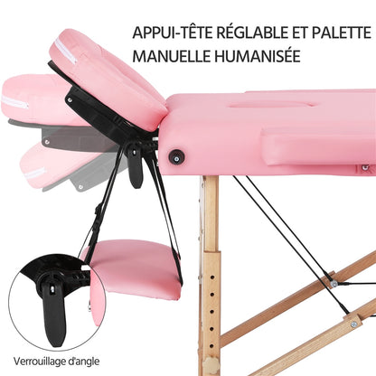 Costoffs Table de Massage Professionnelle 3 Sections Pliable - Hauteur Réglable (8 Niveaux) - Structure en Bois de Hêtre Rose Massif 250kg - Avec Dossier/Têtière/Repose-bras - Pour Clinique, Domicile, Salon de Beauté & Spa